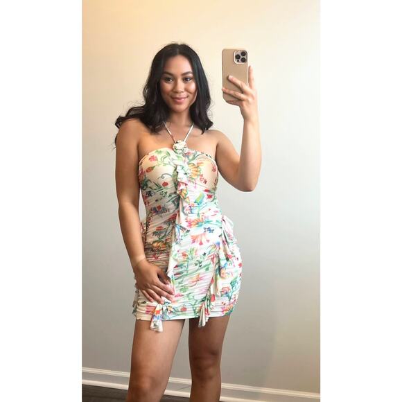 Rococo Sand Susan Halter Mini Dress in White Medium Floral Ruffle Lined Stretch